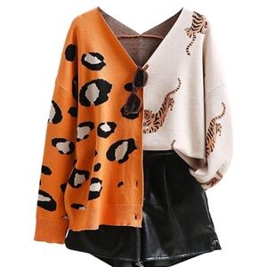 Stylish Women's Animal Print Cardigan - Orange and Cream